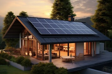 Roof Of Solar Panels. Photovoltaic panels on the roof . View of solar panels in the roof house.