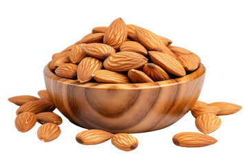 Almond nuts in wooden bowl isolated on white background PNG