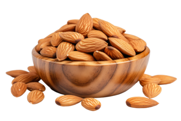 Almond nuts in wooden bowl isolated on white background PNG