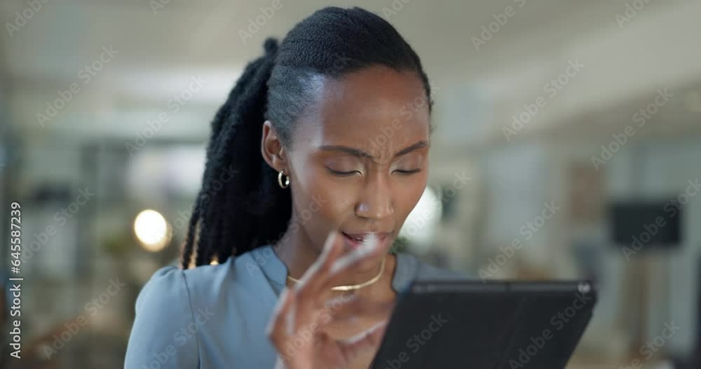 Poster Confused, black woman and tablet in office, problem and typing to network on social media. Technology glitch, frustrated and African person with error, scam on business email and reading bad news