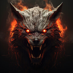 Image of angry a fox devil terrifying and flames on dark background. Wildlife Animals. Illustration, Generative AI.