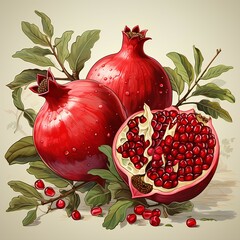Pomegranate illustration on a white backdrop, Generative AI