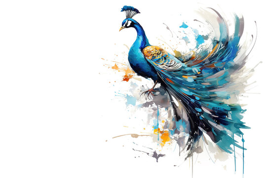 Image of painting peacock on white background. Bird. Wildlife Animals. Illustration, Generative AI.