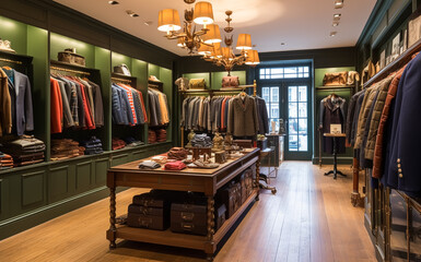 High street retail, small business and commercial interior, fashion store in the English countryside style, elegant country clothing shop showroom and luxurious boutique in the old town, generative ai