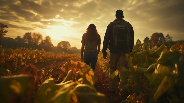 Couple walking in the sunflower field in the autumn at sunset