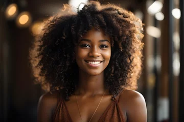 Foto op Aluminium Brunette curly haired young model with dark skin and perfect smile. Image created using artificial intelligence. © kapros76