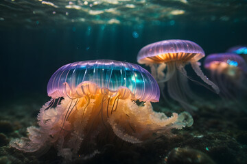 Fototapeta na wymiar jellyfish with iridiscent glow, sun rays piercing through the sea water, at the bottom of the sea. Image created using artificial intelligence.