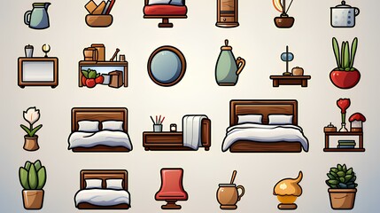 Bedroom accessory line icons on a transparent background, Generative AI