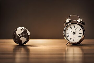 Alarm clock airplane miniature and world map on brown background flat lay