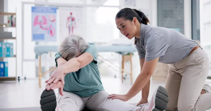 Physiotherapy, happy senior woman and stretching legs for recovery, exercise and healing injury. Physical therapy, elderly patient and chiropractor help in rehabilitation, wellness and body health
