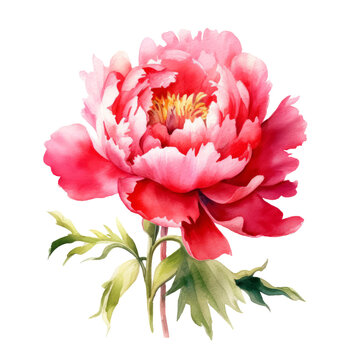 Red Peony Flower Watercolor Clipart On Transparent Background. Generative AI Illustration