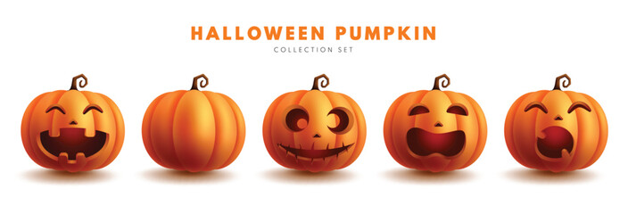 Halloween pumpkin set vector design. Pumpkins, squash and lantern collection isolate in white for creepy, scary and spooky horror mascot elements. Vector illustration pumpkin halloween collection.
