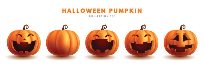 Halloween pumpkins set vector set design. Pumpkin halloween collection isolated in white for horror, scary and spooky mascot collection elements. Vector illustration party kids pumpkin elements.
