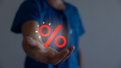 Increasing percentage icon.Profit high growth arrow and percent icon.profit increase arrow up symbol.Interest rate, stocks, financial, ranking, mortgage rates and Cut up concept.The economy improving.