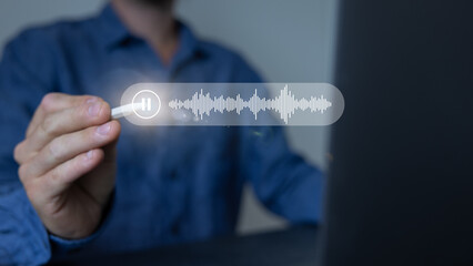 Pause, Male hand pressing pause button on the virtual screen.
