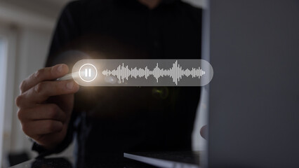 Pause, Male hand pressing pause button on the virtual screen.
