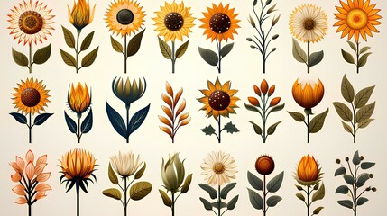 Sunflower-related line icons on a transparent background, Generative AI