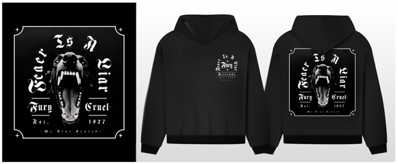 Art design of urban aggressive dog, black hoodie and template. 'fear is a liar' message, black and gray, dog illustration, gothic font. Capture the essence of the urban print