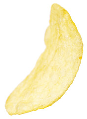 Single potato chip isolated on white background.