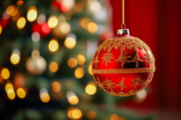 hängende rote Weihnachtskugel vor unscharfem Hintergrund, hanging red christmas ball against blurred background