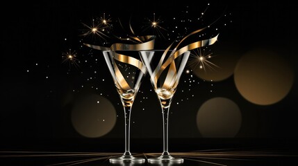 Crystal champagne glasses background, elegant stems, celebratory ambiance.