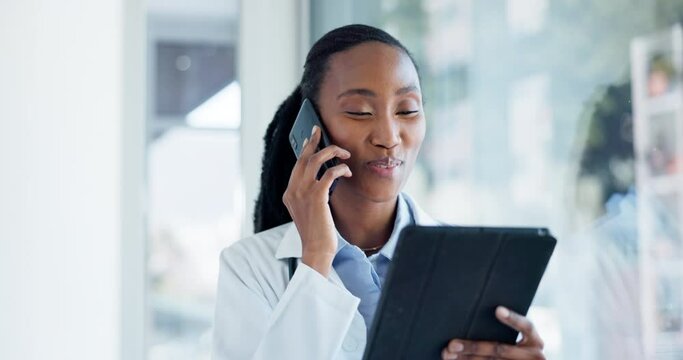 Phone call, tablet and doctor or woman for healthcare communication, hospital management and telehealth. Medical professional or african woman talk on mobile and digital technology for clinic advice