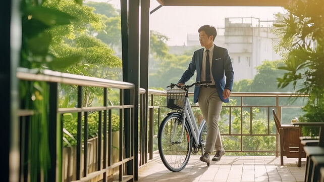 Asian businessman pushing his bicycle from home in the morning preparing to ride his bicycle to work.