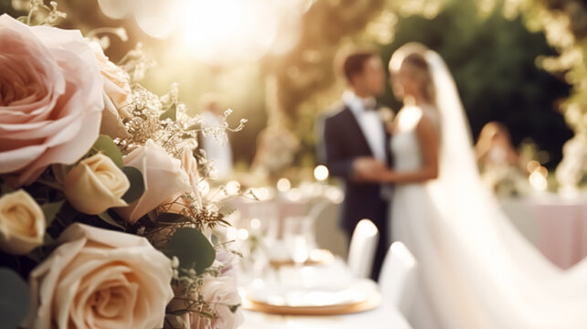 Wedding ceremony and celebration, bride and groom at a beautiful outdoor venue on a sunny day, luxury wedding decor with flowers and bridal bouquet, generative ai
