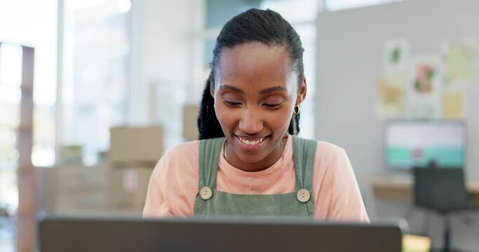 Home, small business and computer with black woman smile from online payment and web shop growth. Stock, supply chain and female person with digital support work for distribution and package order
