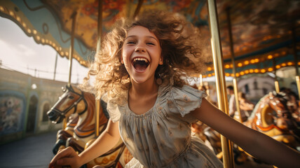 A happy young girl expressing excitement while on a colorful carousel, merry-go-round. - obrazy, fototapety, plakaty