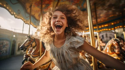 Foto auf Leinwand A happy young girl expressing excitement while on a colorful carousel, merry-go-round. © JKLoma