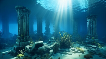 3D illustration based on the legend of the lost city of Atlantis, underwater city. Generative AI - obrazy, fototapety, plakaty