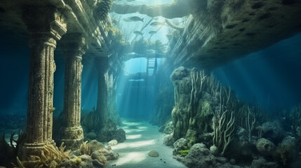 3D illustration based on the legend of the lost city of Atlantis, underwater city. Generative AI - obrazy, fototapety, plakaty