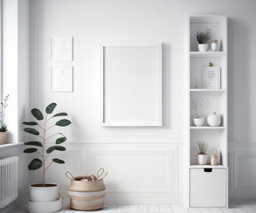 Fototapeta na wymiar A white, Scandinavian-inspired wall with a square photo frame to change up the decor.