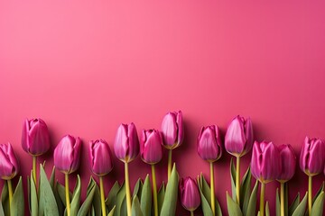 Fototapeta premium tulips on pink background, copy space