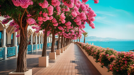 Fototapeta na wymiar Beautiful resort promenade with blooming colorful oleanders against a backdrop of the Mediterranean Sea and blue sky Generative Ai