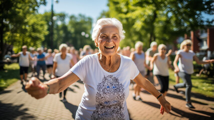 Elderly women doing exercise in the nursing home, senior movement and recreation, never too old for working out. - obrazy, fototapety, plakaty