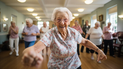 Elderly women doing exercise in the nursing home, senior movement and recreation, never too old for working out. - obrazy, fototapety, plakaty