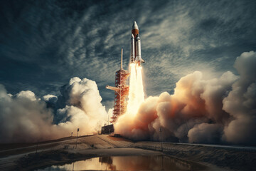 rocket launch, with plumes of smoke and fire as a spacecraft embarks on a mission to explore distant celestial bodies