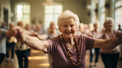 Elderly women doing exercise in the nursing home, senior movement and recreation, never too old for working out. - obrazy, fototapety, plakaty