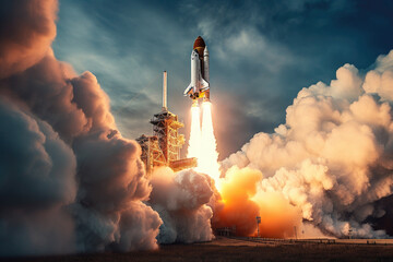 rocket launch, with plumes of smoke and fire as a spacecraft embarks on a mission