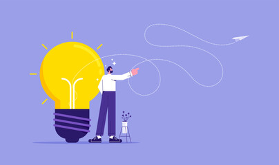 Startup business idea concept, paper plane flying up connected with light bulb