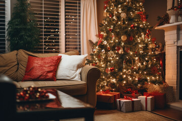 cozy living room adorned with twinkling Christmas lights and a beautifully decorated tree, capturing the warm and festive atmosphere of the holiday season