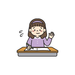 緊張しつつ教室で授業中に手をあげるの女の子のイラスト