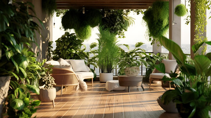 Lots of beautiful green lush indoor plants on the terrace. Decoration and landscaping of the terrace generative AI