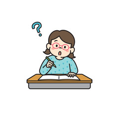 机の上で勉強をする女の子のイラスト　疑問　はてな