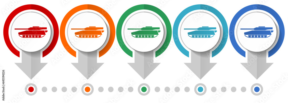 Poster tank, army, military, war vehicle vector icon set, flat design infographic template, set pointer con