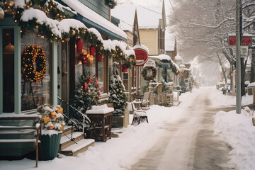 small town covered in a blanket of snow, with charming storefronts decorated with wreaths and holiday ornaments, evoking the nostalgia of a classic Christmas scene