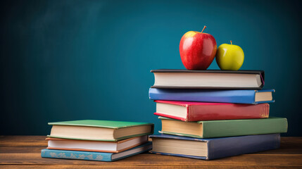 Stack of books and apples on school table against blackboard