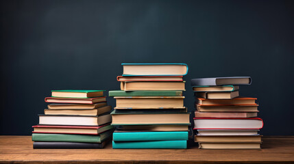 Stack of books  on school table against blackboard